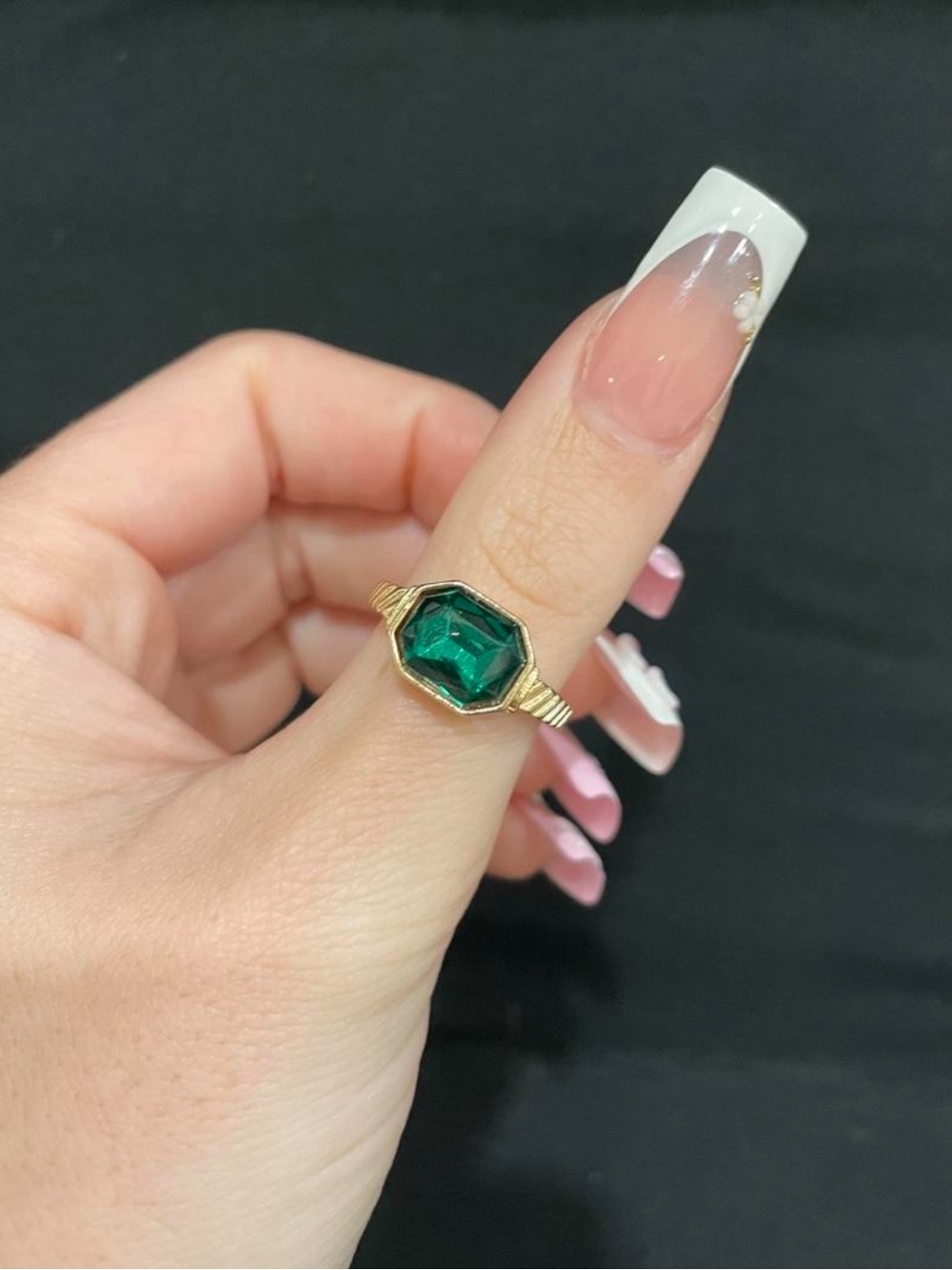 Gold Ring with Emerald Green Octagon Stone - Ring Size 7